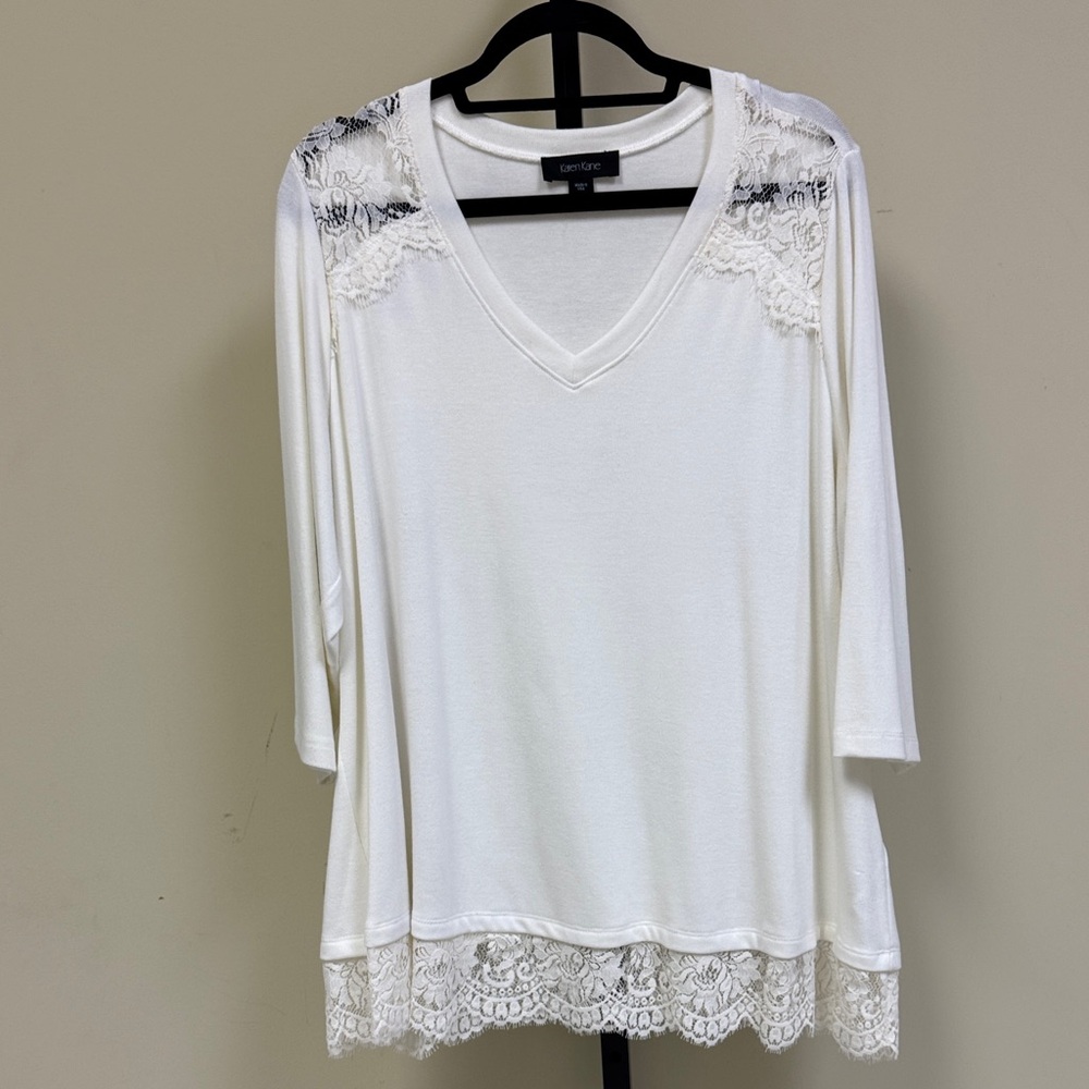 Karen Kane Ivory  V-Neck Blouse Trimmed in Lace